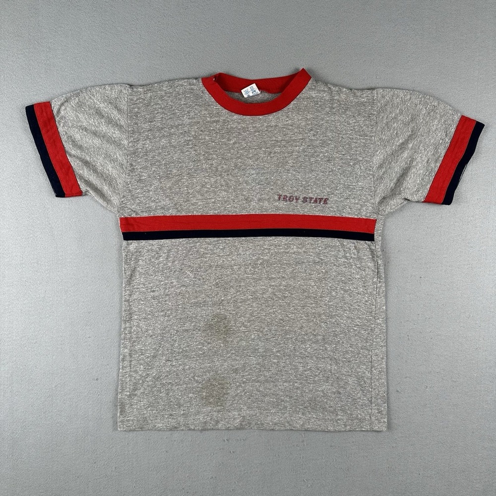 Vtg 80s Champion Troy State Ringer Shirt Men's Large Gray Red Crew Neck School